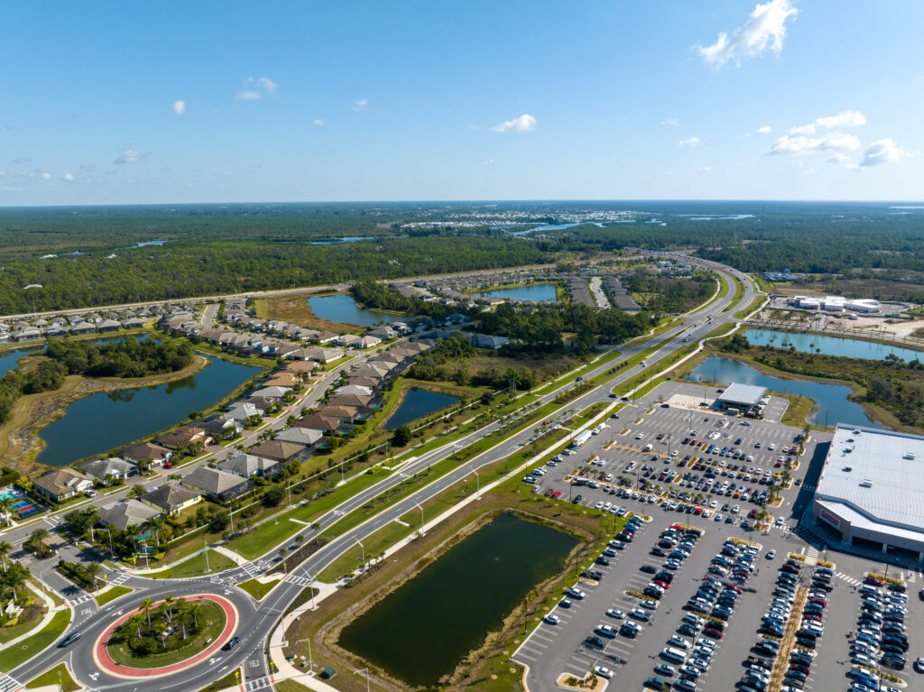 Aerial view of commercial property and parking area captured by Sky Scout Drones