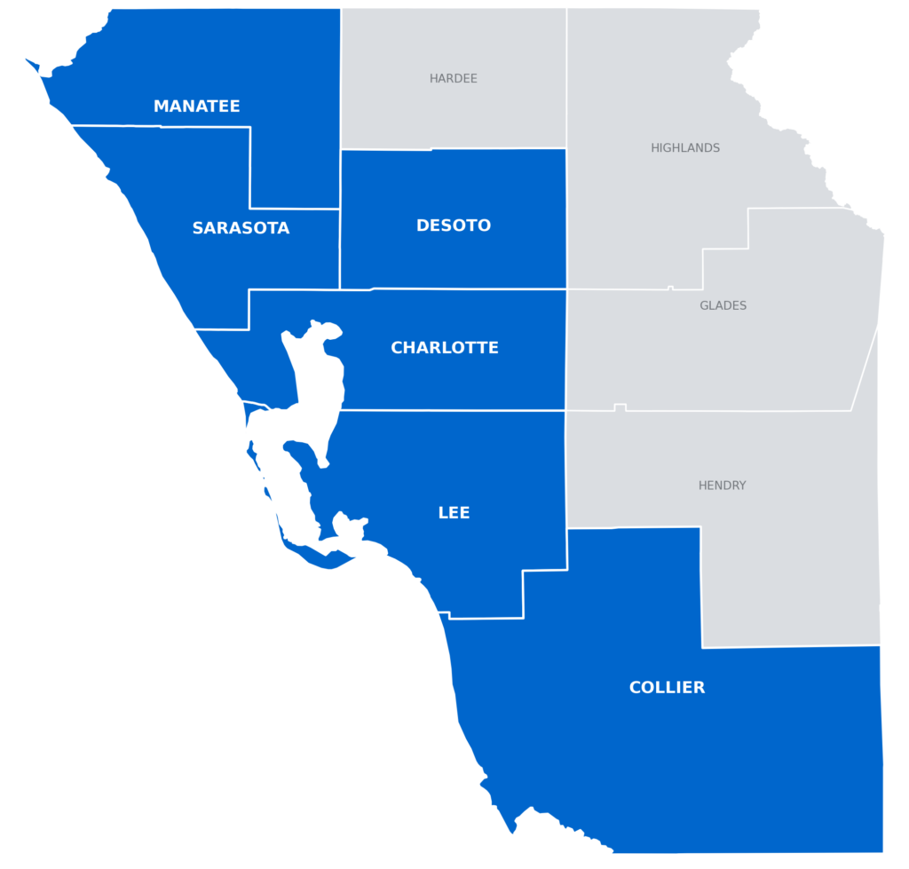 Sky Scout Drones service area map showing Manatee, Sarasota, DeSoto, Charlotte, Lee, and Collier counties in Southwest Florida