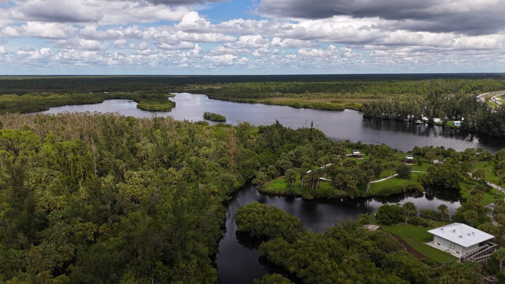 Aerial view of the Myakka River, wetlands, and surrounding natural landscape
