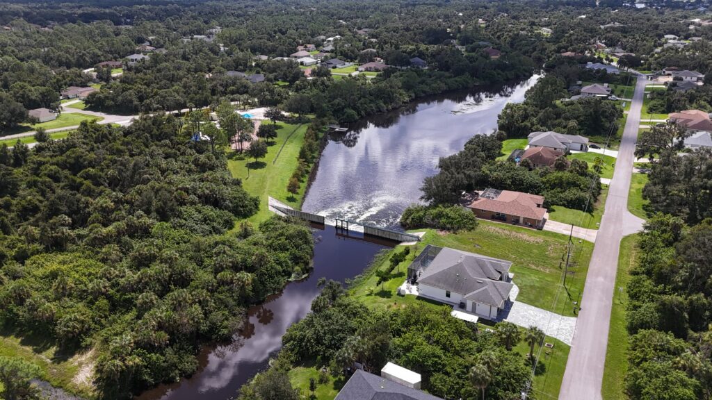 Aerial view of Blue Ridge Waterway and nearby homes in North Port, Florida